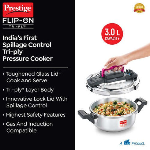 Prestige Flip-on Tri-ply Stainless Steel Pressure Cooker 3 L 220 Micron