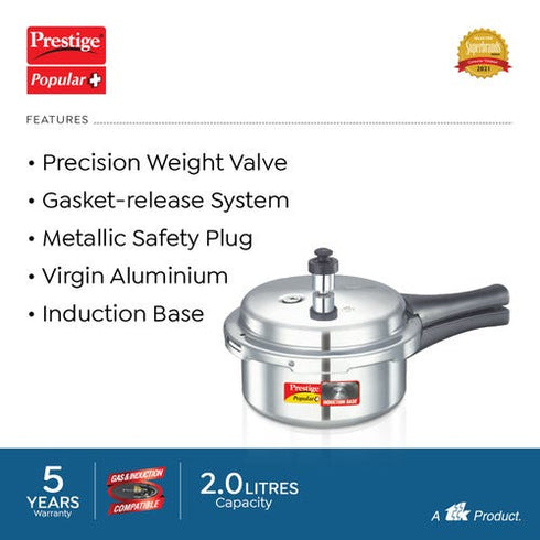 Prestige Popular Plus Virgin Aluminium Gas And Induction Compatible Pressure Cooker 2 L Silver