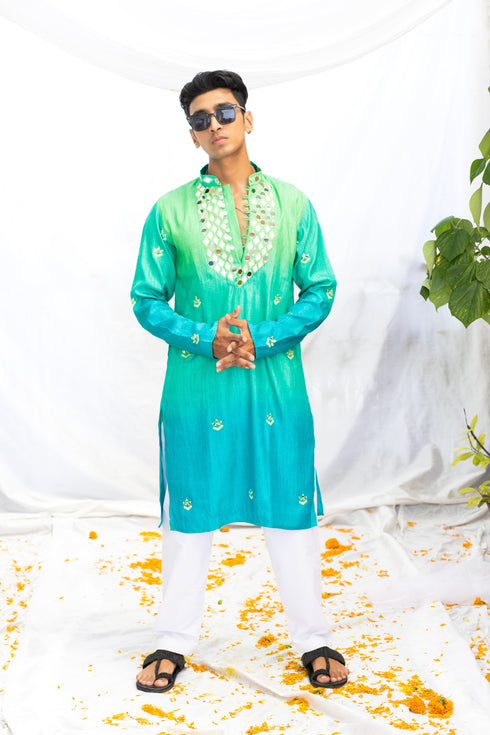 Kzari Green Shaded Silk Kurta with Elegant Mirror Yoke