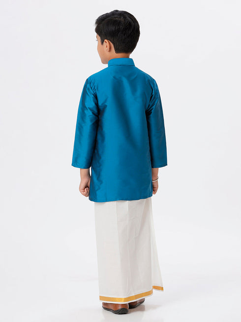 Ramraj Cotton Boys Silk Cotton Full Sleeves Ramar Blue Kurta with Gold Jari Dhoti Combo