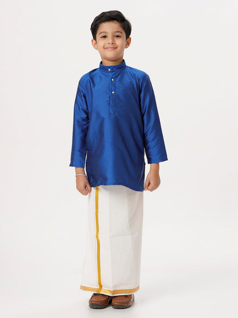 Ramraj Cotton Boys Silk Cotton Full Sleeves Royal Blue Kurta with Gold Jari Dhoti Combo