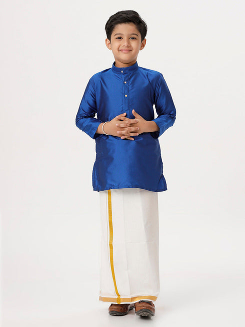 Ramraj Cotton Boys Silk Cotton Full Sleeves Royal Blue Kurta with Gold Jari Dhoti Combo