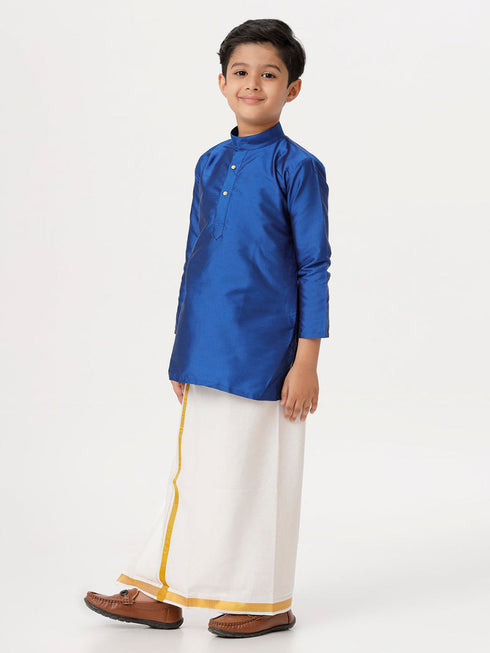 Ramraj Cotton Boys Silk Cotton Full Sleeves Royal Blue Kurta with Gold Jari Dhoti Combo