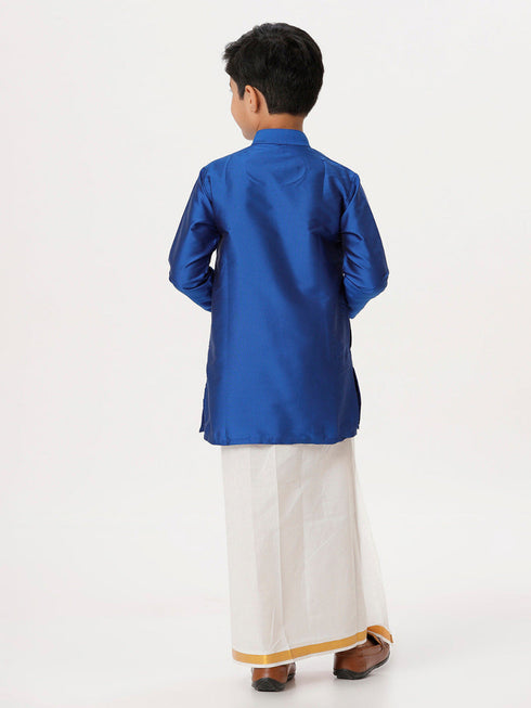 Ramraj Cotton Boys Silk Cotton Full Sleeves Royal Blue Kurta with Gold Jari Dhoti Combo