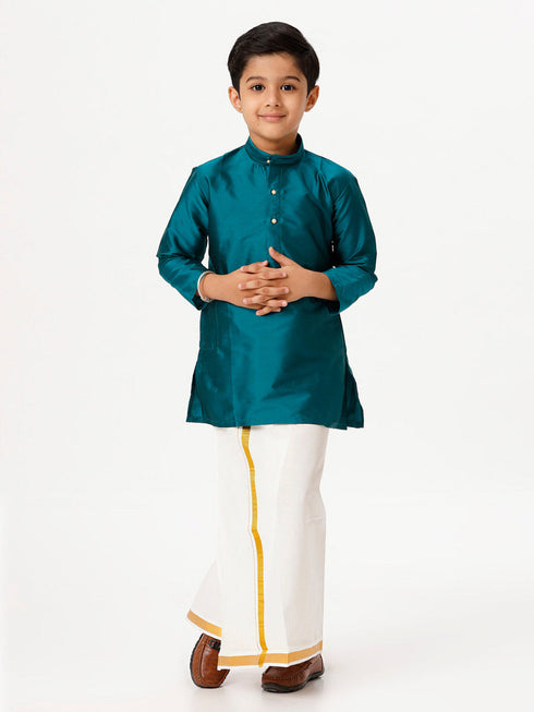 Ramraj Cotton Boys Silk Cotton Full Sleeves Dark Green Kurta with Gold Jari Dhoti Combo
