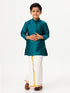Ramraj Cotton Boys Silk Cotton Full Sleeves Dark Green Kurta with Gold Jari Dhoti Combo