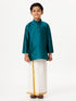Ramraj Cotton Boys Silk Cotton Full Sleeves Dark Green Kurta with Gold Jari Dhoti Combo