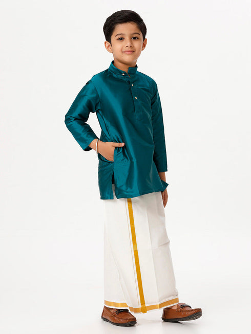 Ramraj Cotton Boys Silk Cotton Full Sleeves Dark Green Kurta with Gold Jari Dhoti Combo