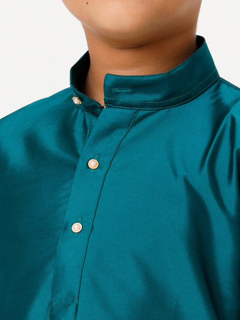 Ramraj Cotton Boys Silk Cotton Full Sleeves Dark Green Kurta with Gold Jari Dhoti Combo