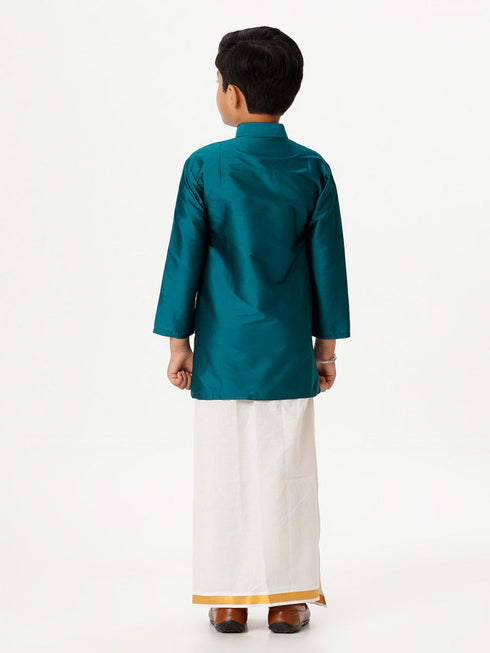 Ramraj Cotton Boys Silk Cotton Full Sleeves Dark Green Kurta with Gold Jari Dhoti Combo