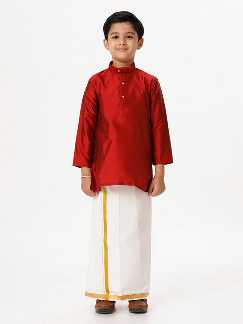 Ramraj Cotton Boys Silk Cotton Full Sleeves Red Kurta with Gold Jari Dhoti Combo