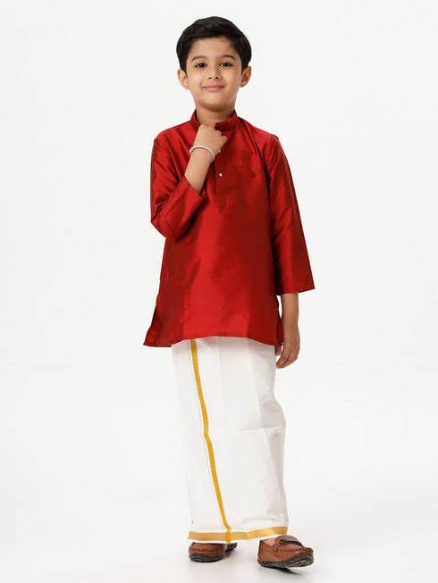 Ramraj Cotton Boys Silk Cotton Full Sleeves Red Kurta with Gold Jari Dhoti Combo