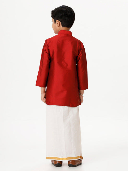 Ramraj Cotton Boys Silk Cotton Full Sleeves Red Kurta with Gold Jari Dhoti Combo