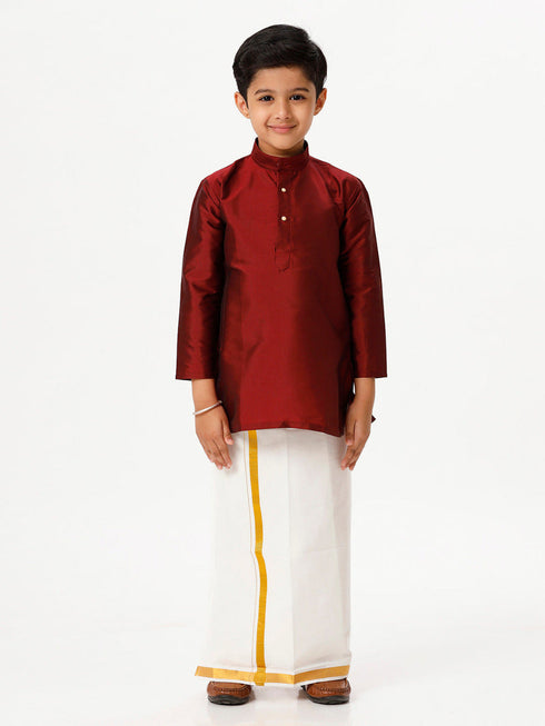 Ramraj Cotton Boys Silk Cotton Full Sleeves Maroon Kurta with Gold Jari Dhoti Combo