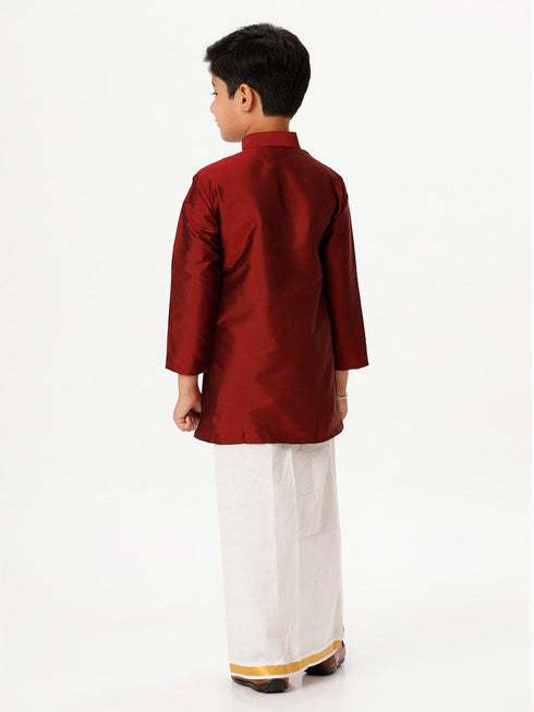 Ramraj Cotton Boys Silk Cotton Full Sleeves Maroon Kurta with Gold Jari Dhoti Combo
