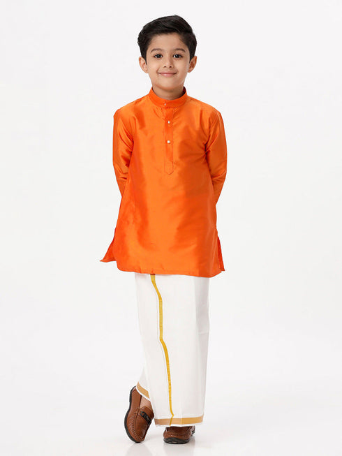 Ramraj Cotton Boys Silk Cotton Full Sleeves Orange Kurta with Gold Jari Dhoti Combo