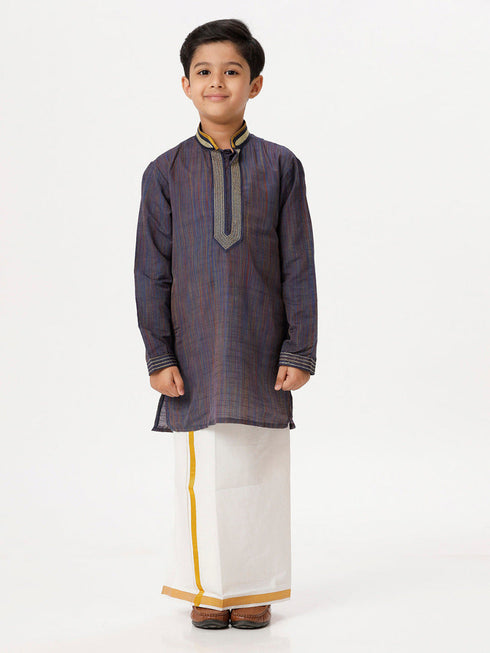Ramraj Cotton Boys Emerald Full Sleeves Navy Blue Kurta with Dhoti Combo