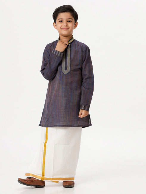 Ramraj Cotton Boys Emerald Full Sleeves Navy Blue Kurta with Dhoti Combo
