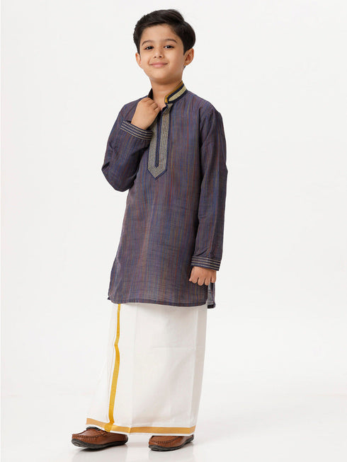Ramraj Cotton Boys Emerald Full Sleeves Navy Blue Kurta with Dhoti Combo