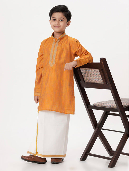 Ramraj Cotton Boys Emerald Full Sleeves Orange Kurta with Dhoti Combo
