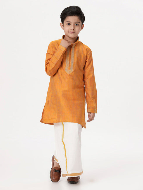 Ramraj Cotton Boys Emerald Full Sleeves Orange Kurta with Dhoti Combo