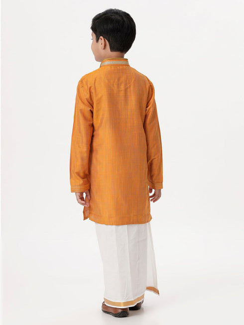 Ramraj Cotton Boys Emerald Full Sleeves Orange Kurta with Dhoti Combo
