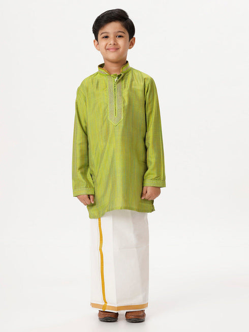 Ramraj Cotton Boys Emerald Full Sleeves Parrot Green Kurta with Dhoti Combo