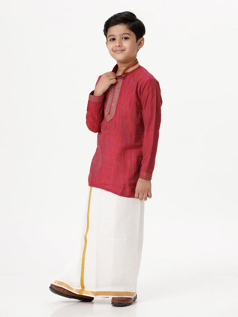 Ramraj Cotton Boys Emerald Full Sleeves Red Kurta with Dhoti Combo