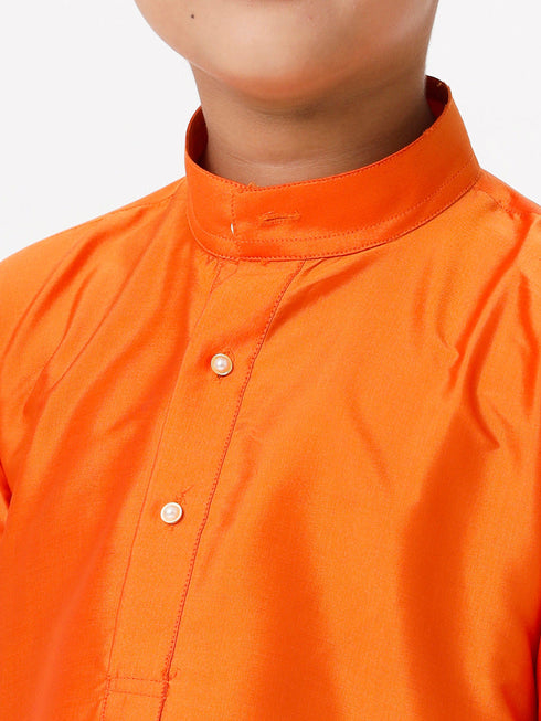 Ramraj Cotton Boys Silk Cotton Full Sleeves Orange Kurta with Gold Jari Dhoti Combo
