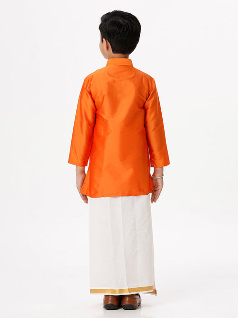 Ramraj Cotton Boys Silk Cotton Full Sleeves Orange Kurta with Gold Jari Dhoti Combo
