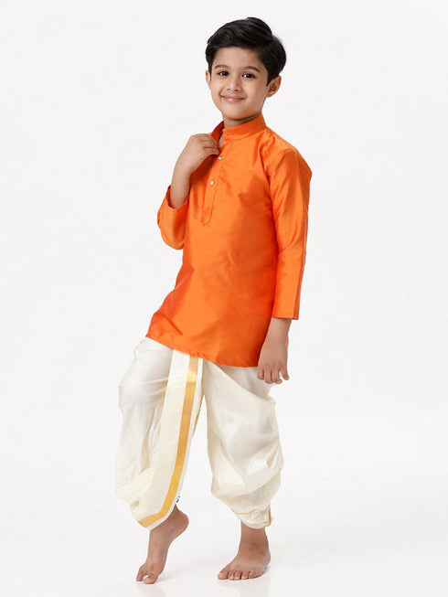 Ramraj Cotton Boys Silk Cotton Full Sleeves Orange Kurta with Panchakacham Combo
