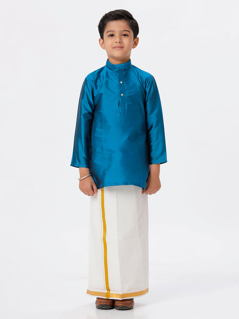 Ramraj Cotton Boys Silk Cotton Full Sleeves Ramar Blue Kurta with Gold Jari Dhoti Combo