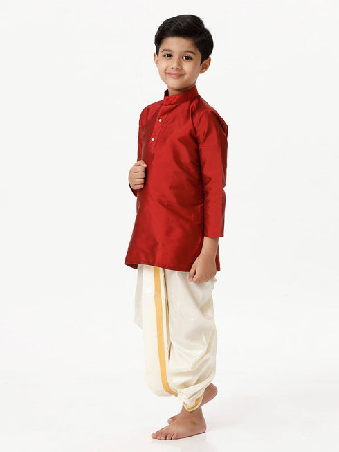 Ramraj Cotton Boys Silk Cotton Full Sleeves Red Kurta with Panchakacham Combo