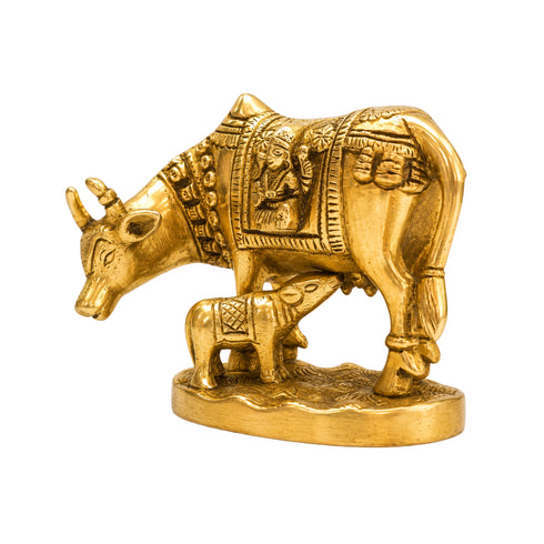 Brass Kamdhenu Cow and Calf Sculpture 929g
