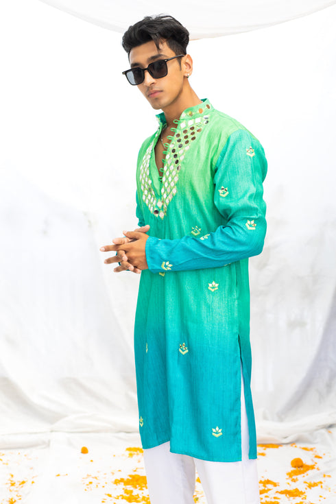 Kzari Green Shaded Silk Kurta with Elegant Mirror Yoke