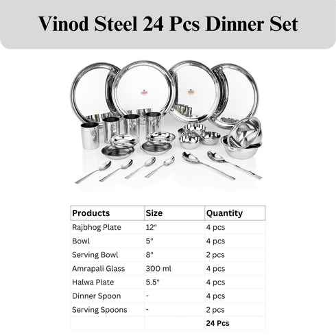 Vinod 24 Pieces Stainless Steel Dinner Set Durable Mirror Finish High Quality Steel Rust free Dishwasher safe and ISI Certified