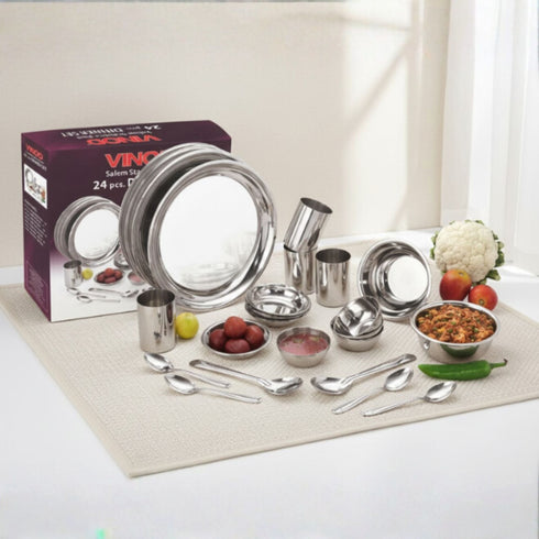 Vinod 24 Pieces Stainless Steel Dinner Set Durable Mirror Finish High Quality Steel Rust free Dishwasher safe and ISI Certified