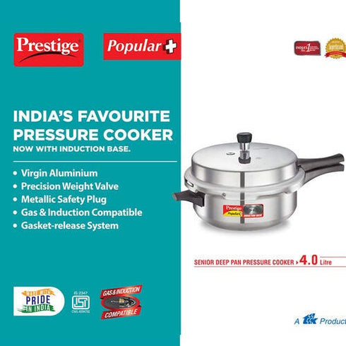 Prestige Popular Plus Virgin Aluminium Gas And Induction Compatible Junior Deep Pan Pressure Cooker 4 L Silver