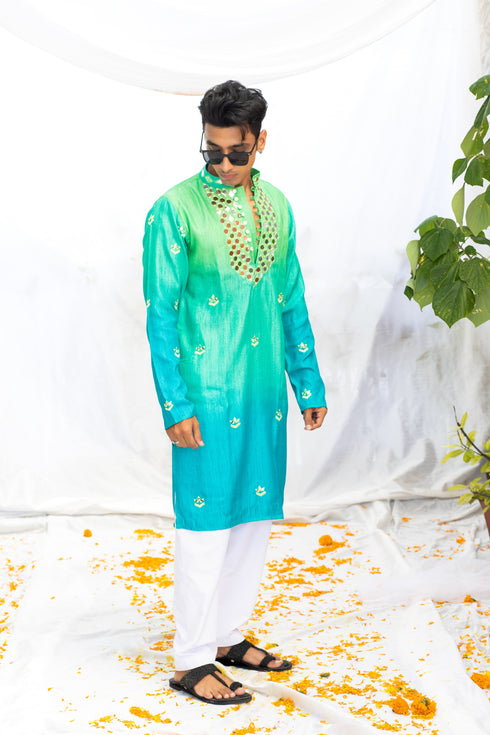 Kzari Green Shaded Silk Kurta with Elegant Mirror Yoke
