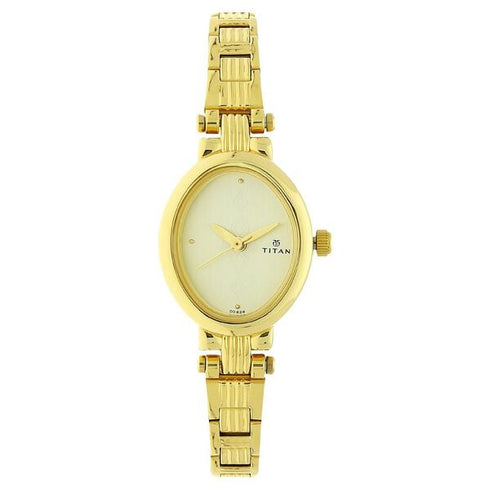 Titan Quartz Analog Champagne Dial Watch For WomenWith Golden Stainless Steel Strap
