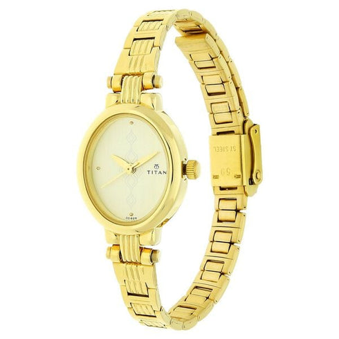 Titan Quartz Analog Champagne Dial Watch For WomenWith Golden Stainless Steel Strap