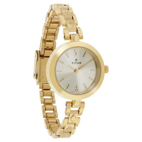 Titan Quartz Analog Champagne Dial Golden Stainless Steel Strap Watch
