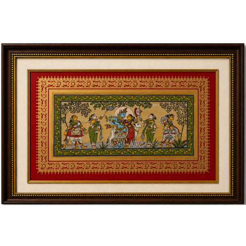 Palm Leaf Handmade Painting of Lord Krishna And Radha with Cow