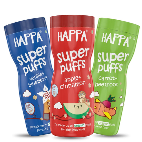 Happa Vanilla Blueberry and Carrot Beetroot and Apple Cinnamom Baby Puffs