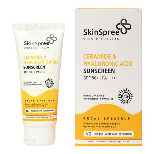 Style Make SkinSpree Ceramide & Hyaluronic Acid Sunscreen Cream 50g SPF 50 PA for UVA B & Blue Light Protection Fragrance Free & Color Free For Glowing & Hydrating Skin Broad Spectrum