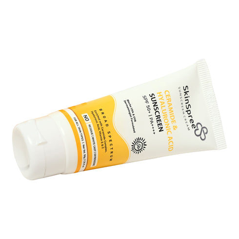 Style Make SkinSpree Ceramide & Hyaluronic Acid Sunscreen Cream 50g SPF 50 PA for UVA B & Blue Light Protection Fragrance Free & Color Free For Glowing & Hydrating Skin Broad Spectrum