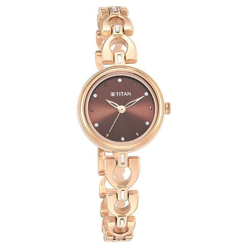 Titan Lagan Brown Dial Analog Metal Strap Watch for Women