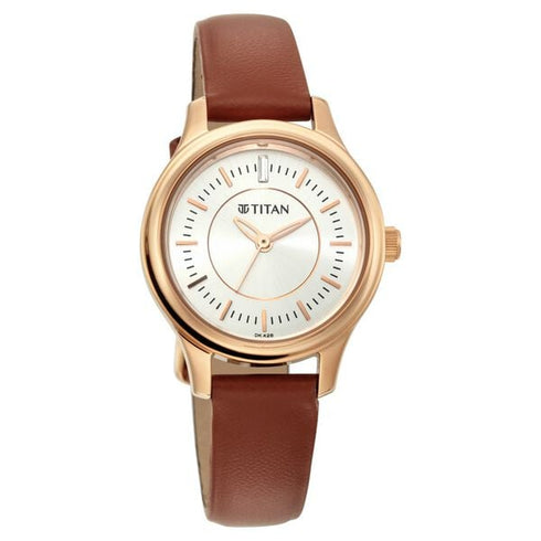 Titan Quartz Analog Silver Dial Tan Leather Strap Watch For Women