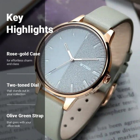 Titan Women's Precision Simplicity Watch: Green Gradient Dial with Leather Strap