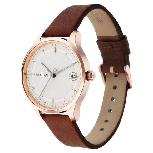 Titan Workwear Silver Dial Women Watch With Leather Strap (Model 2649WL01)